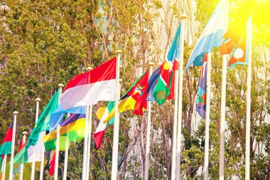 Mavi gökyüzü güneş ışığı altında arka plan üzerinde bayraklar