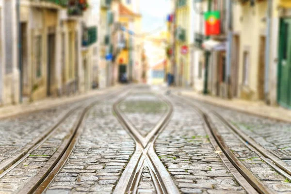 Close up of tram rails .  shallow focus . — Stock Photo, Image