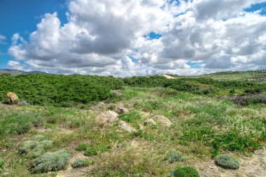 Beyaz bulutların üzerinde dunes üzerinde mavi gökyüzü