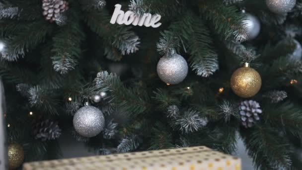 Doos van de gift van de kerstmarkt in de buurt van de kerstboom — Stockvideo