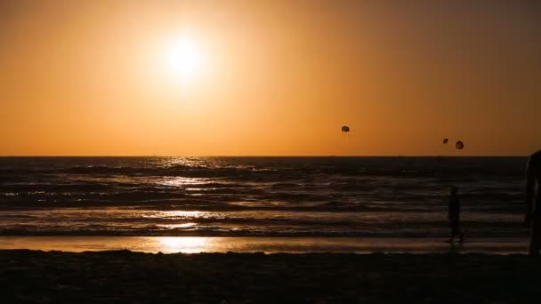Silhouettes plage de marche pendant le coucher du soleil timelapse — Video