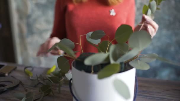 Florista niña manos primer plano haciendo una composición de flores — Vídeo de stock