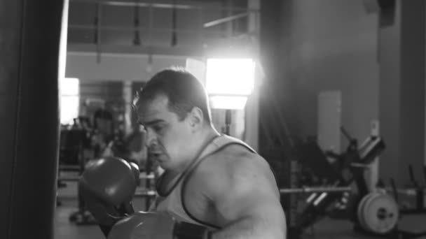 Медленное движение молодого боксера, практикующегося на боксерской груше — стоковое видео