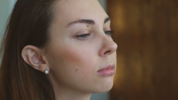 Cámara lenta de joven maquillador hace que una chica hermosa maquillaje primer plano antes de un evento importante — Vídeos de Stock