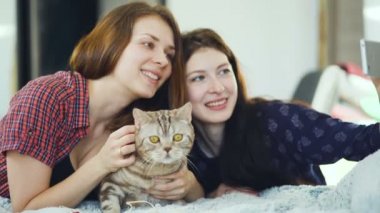 Yatakta yatan ve evde yatakta iyi eğlenceler ve kedi selfie ile yapım iki mutlu kadın arkadaş