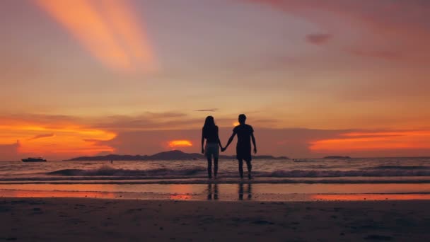 Silueta de cámara lenta de feliz pareja cariñosa beso e ir a la playa en la puesta de sol en la orilla del océano — Vídeo de stock