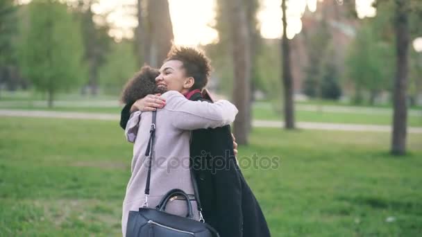 Dos atractivas mujeres de raza mixta surpisely tienen reunión en el parque cerca de la tienda del centro comercial — Vídeos de Stock