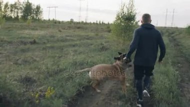 Dolly atış bullmastiff köpeğiyle açık havada Parkı'nda çalışan ve onun evde beslenen hayvan için rekabet hazırlanıyor sportif gencin