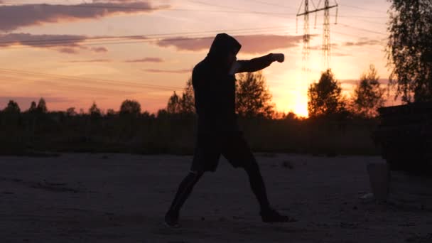 Силует молодої людини боксерська підготовка для побиття на заході сонця в міському парку — стокове відео