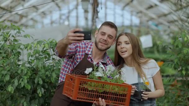 Vrolijke liefdevolle paar tuiniers maken selfie foto op smartphone camera en zoenen tijdens het werken in kas — Stockvideo