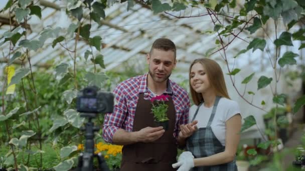 Jovens blogueiros sorridentes casal jardineiros em avental segurando flor falando e gravando vídeo blog para vlog on-line sobre jardinagem — Vídeo de Stock
