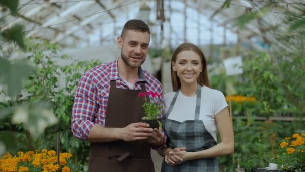 Pasangan narablog muda yang tersenyum berkebun dengan celemek memegang bunga berbicara dan merekam video blog untuk vlog online tentang berkebun — Stok Video