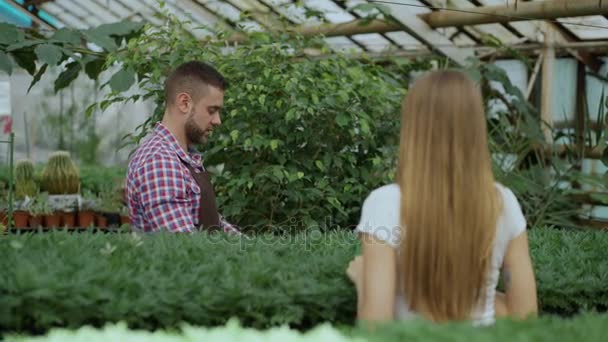 Jeune fleuriste souriant vendeur travaillant dans le centre de jardin. Femme donne le sac à provisions au client et effectuer le paiement par carte de crédit au magasin — Video