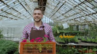 Dolly atış mutlu gülümseyen adamın onun serada yürüyüş çiçekli kutu tutan önlük