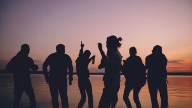 Grup genç insanlar dans silüeti on sunset beach adlı bir parti var