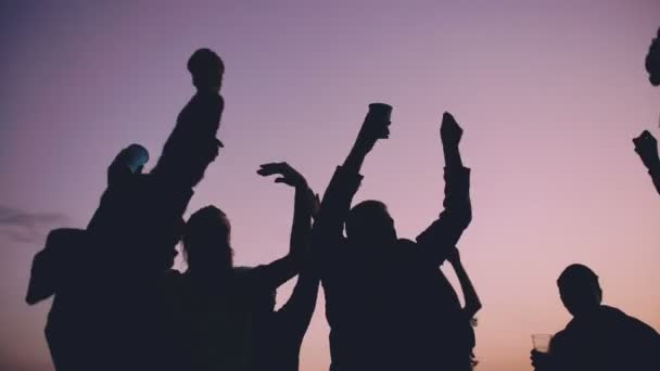 Siluett av gruppen unga dansande människor ha en fest på stranden på sunset — Stockvideo