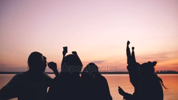 Silhouet van een groep jonge mensen dansen hebben een partij op strand op zonsondergang — Stockvideo