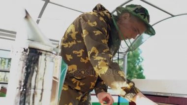 Arıcı adam ahşap çerçeve arı kovanı bal hasat önce kontrol