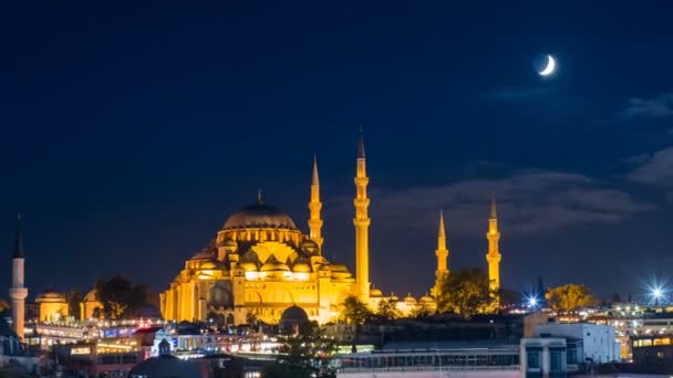 Pan timelapse de la famosa mezquita Suleymaniye en Estambul por la noche — Vídeo de stock