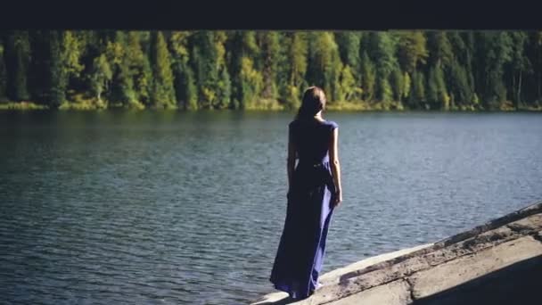 Όμορφη νεαρή γυναίκα στο μακρύ φόρεμα στέκεται στην ακτή κοντά στη λίμνη — Αρχείο Βίντεο
