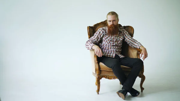 Lüks koltuk oturma ve beyaz arka plan üzerinde kameraya bakarak sakallı adam — Stok fotoğraf