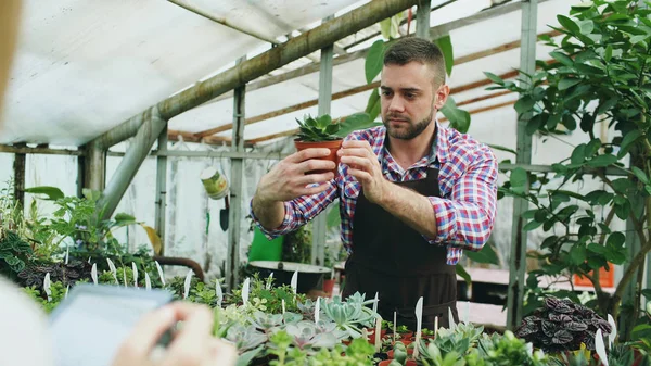 Jonge man aan het werk in het tuincentrum. Aantrekkelijke man controleren en tellen bloemen met behulp van tablet pc tijdens werk in kas — Stockfoto