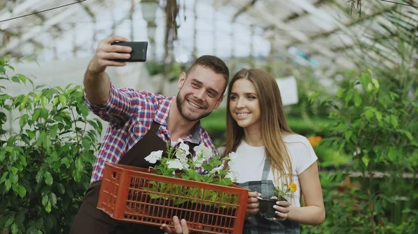 Alegre pareja amante jardineros tomando foto selfie en la cámara del teléfono inteligente mientras se trabaja en invernadero —  Fotos de Stock