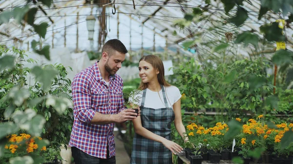 Jonge vriendelijke vrouw bloemist in gesprek met de klant en geven hem advies tijdens het werken in tuincentrum — Stockfoto