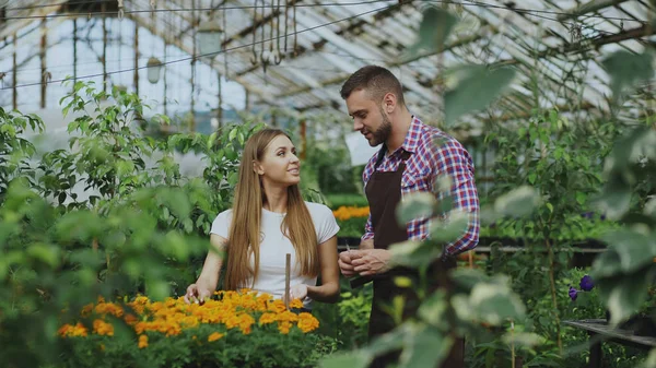 Jonge vrolijke man bloemist in gesprek met de klant en het geven van advies tijdens het werken in tuincentrum — Stockfoto