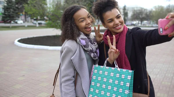 Dwa cute african american kobieta biorąc selfie z torby na zakupy i uśmiecha się. Znajomi mają zabawy po wizycie w centrum sprzedaży. — Zdjęcie stockowe