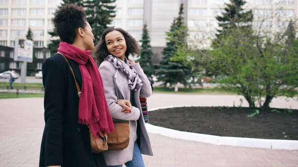 Zwei attraktive Frauen mit gemischten Rassen, die sich mit Einkaufstüten unterhalten und die Straße hinuntergehen. Freundinnen haben Spaß nach Einkaufszentrum-Besuch — Stockfoto