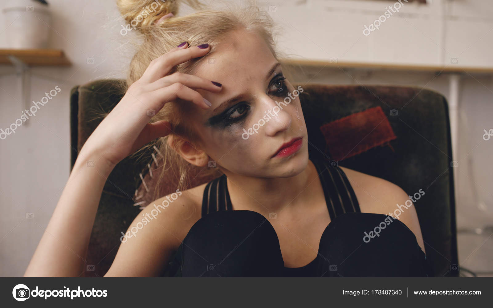 Young Teenage Girl Actress With Smudged Makeup Crying After Loss