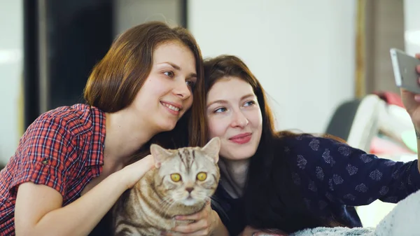 Две счастливые женщины друзья лежат в постели и делают селфи с котом и весело провести время на кровати дома — стоковое фото