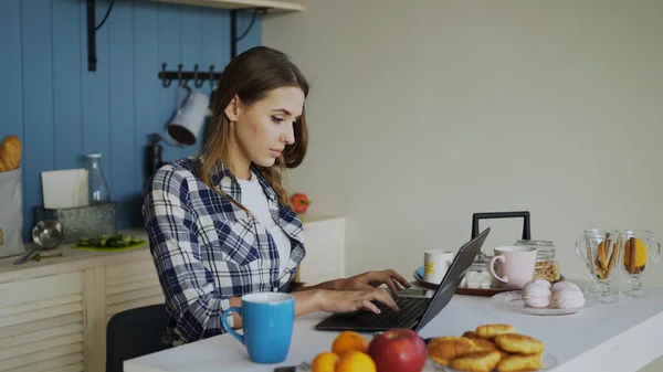 Sabahları kahvaltı sırasında dizüstü bilgisayar kullanan mutfakta çalışan kadın genç konsantre — Stok fotoğraf