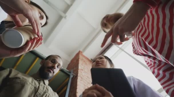 Low angle view of start-up business team of multi-ethnic people put palms together after successful agreement about new project in modern loft office — Stock Video