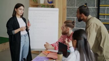 Çok etnik meslektaşlarına modern loft ofis kapalı flipchart üzerinde başlangıç yazılım geliştirme kısa açıklayan neşeli kadın girişimci