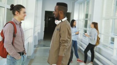 Beyaz ve Afro-Amerikan erkek öğrencilerin üniversite salonunda iki kız yakınındaki sohbet durmuş ise konuşuyorum