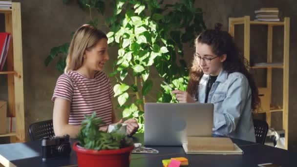 Las jóvenes colegas están entusiasmadas con el nuevo proyecto. Están hablando emocionalmente, trabajando con la computadora y compartiendo ideas y luego comprobándolas en la computadora portátil . — Vídeo de stock