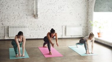 Yoga öğretmeni genç kadınlar germe asanas Dengeleme öğretiyor. Başlangıç öğrencilerin hataları sonra izle eğitmen ve doğru pozisyonda olun. Guru kavramı ile uygulama.
