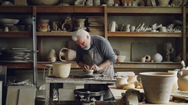 Erfarna keramiker skapar köksredskap från lera på keramiker hjul i verkstad. Producerar eathenware, handgjorda köksredskap och professionella keramik koncept. — Stockvideo