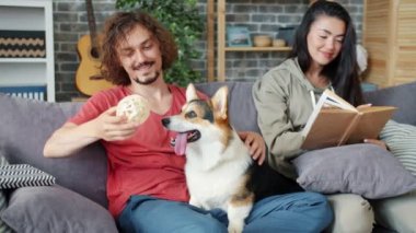 Kadın evde kitap okurken neşeli adam Corgi Dog 'la oyundan zevk alıyor.