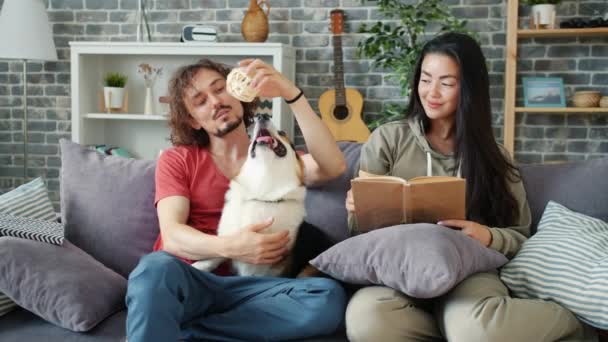 Счастливая молодая пара веселится с собакой корги, девочка читает книгу дома — стоковое видео