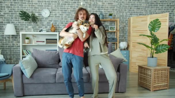 Szczęśliwa para taniec w domu gospodarstwa walijski corgi pembroke pies zabawy razem — Wideo stockowe