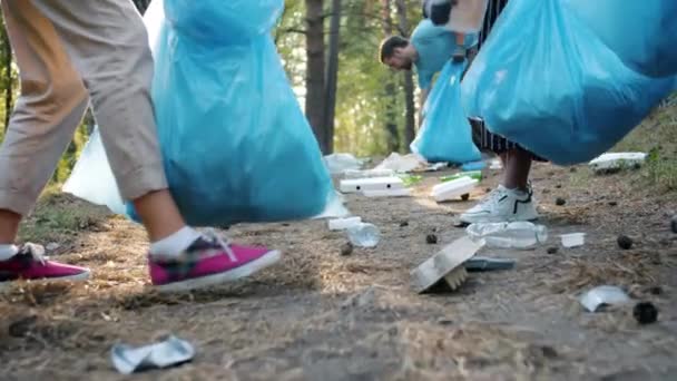 Primer plano del suelo contaminado en el bosque y manos de activistas recogiendo basura — Vídeos de Stock