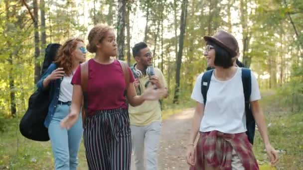 Movimento lento de estudantes alegres caminhadas nos bosques falando rindo se divertindo — Vídeo de Stock