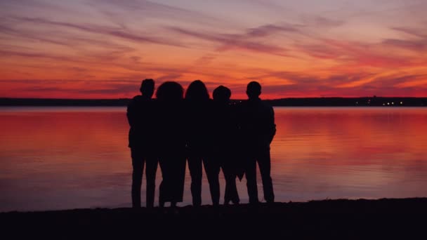 Retrato de jóvenes felices observando la puesta de sol en la playa del lago juntos — Vídeos de Stock