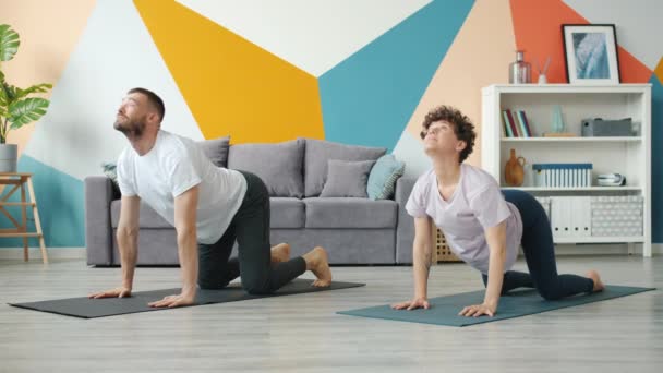 Slow motion of husband and wife doing yoga in apartment together caring for health — ストック動画
