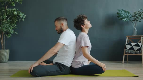 Man and woman practising pair yoga doing warm-up exercises on mat in studio — ストック動画