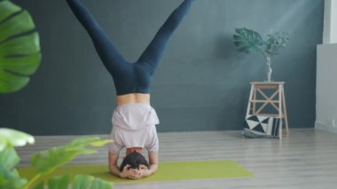 Stüdyoda amuda kalkan ince yoga hocasının yavaş çekim arkası görüntüsü.