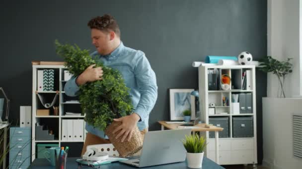 Chico divertido bailando con planta de maceta verde en oficina moderna divirtiéndose en interiores — Vídeos de Stock